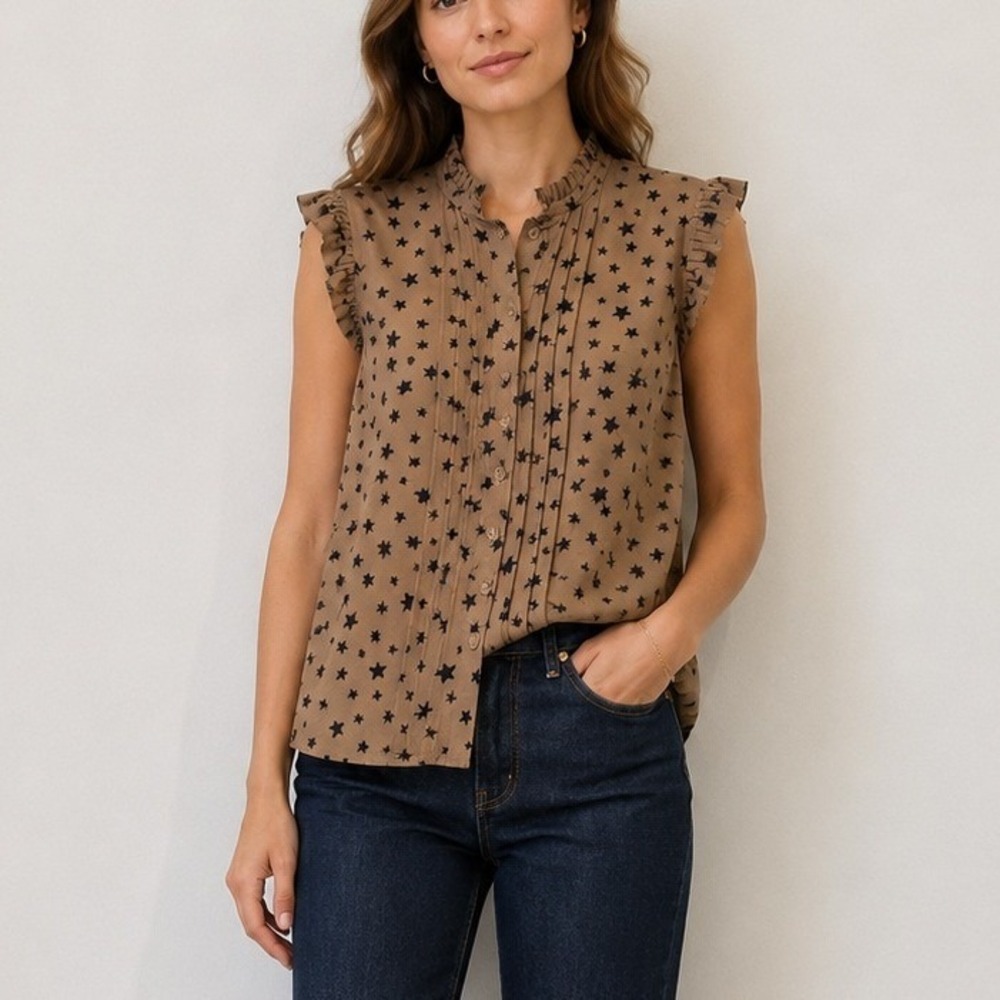 Maison Common Silk Star Print Sleeveless Blouse Ruffle Neck | Size US 14